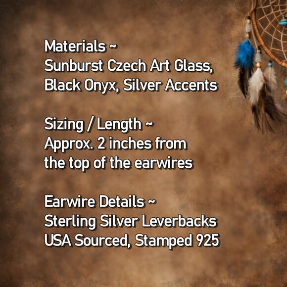 Southwest Western Earrings Black Onyx Sterling Silver Sunburst Leverback Dangle - Picture 2 of 9